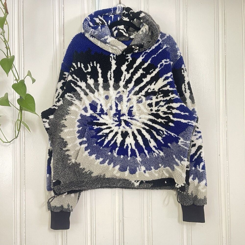Amiri Men’s Blue Black Purple Tie Dye Polar Acrylic Fleece Hoodie Size XL